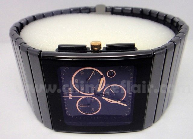 Fake Rado Black Ceramic Mens Watch w/ Rose Gold Hand